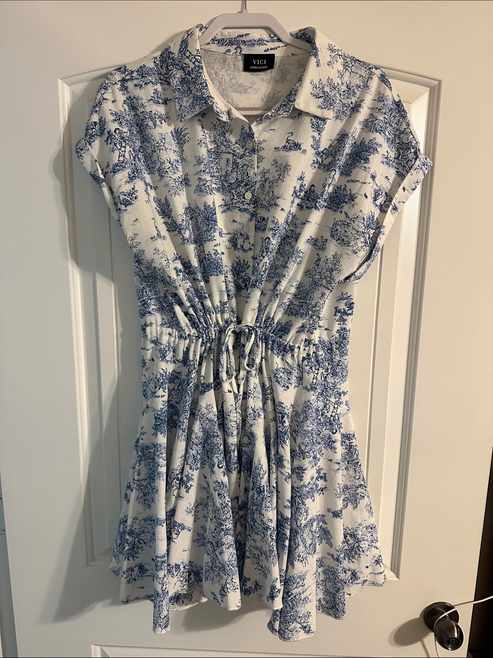 VICI White & Blue Toile Button-Front Shirt Dress with Drawstring Waist